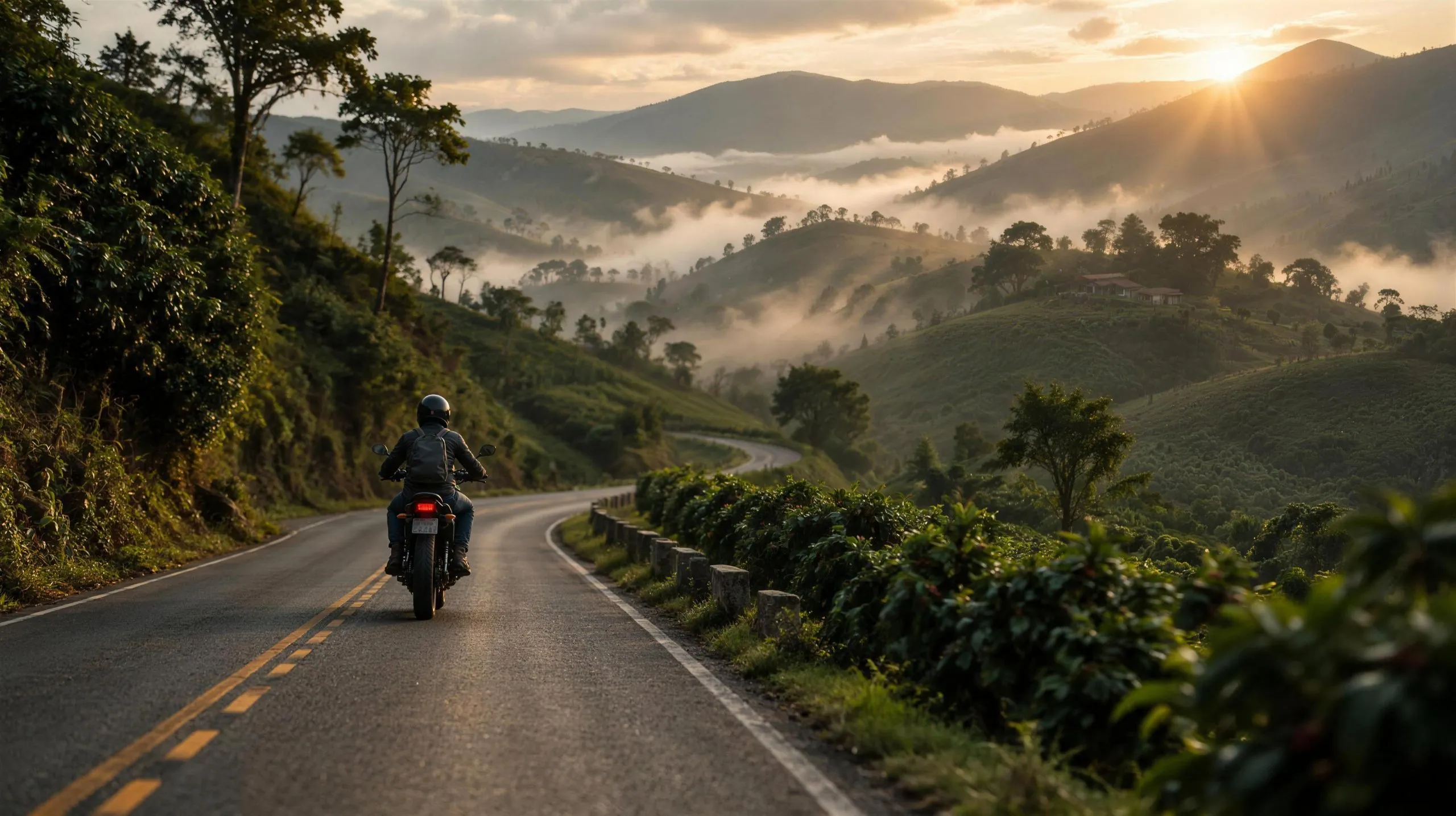 Motociclista en una carretera de montaña de Antioquia al amanecer